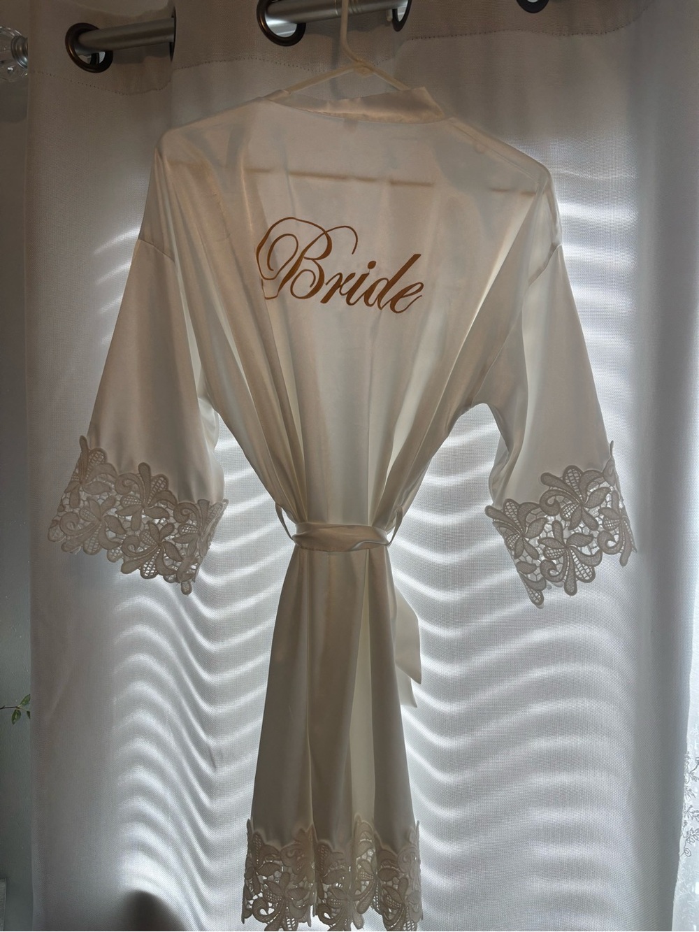 Bride Satin Robe with Lace Trim - Ivory